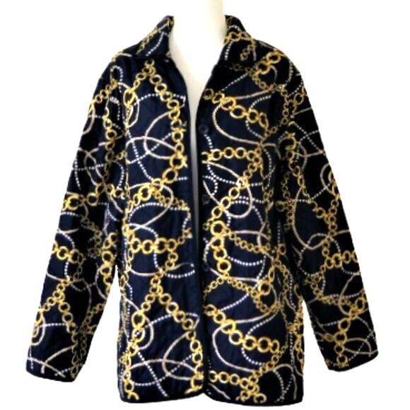 Koret - Blue & Yellow Gold Regal Chain & Pearls Print Quilted Jacket Size 20W - Picture 1 of 7